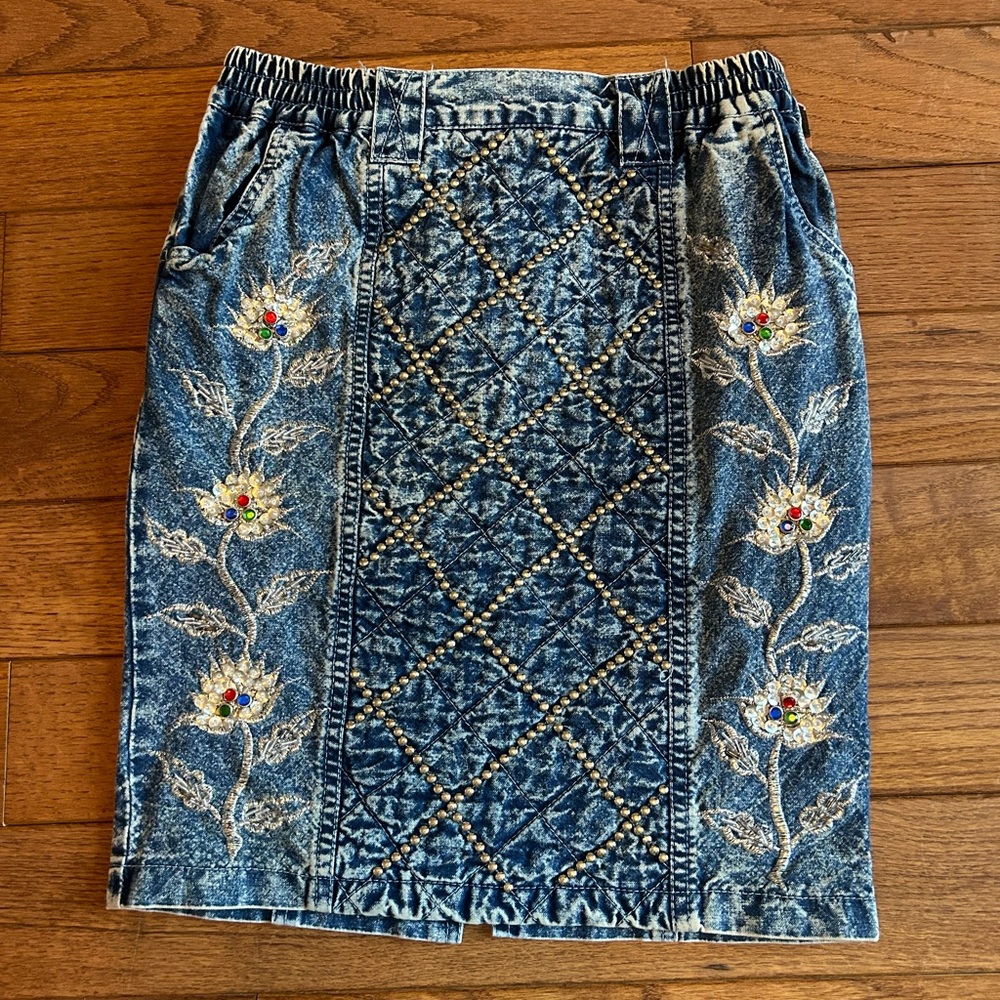 80s rhinestone bedazzled denim skirt